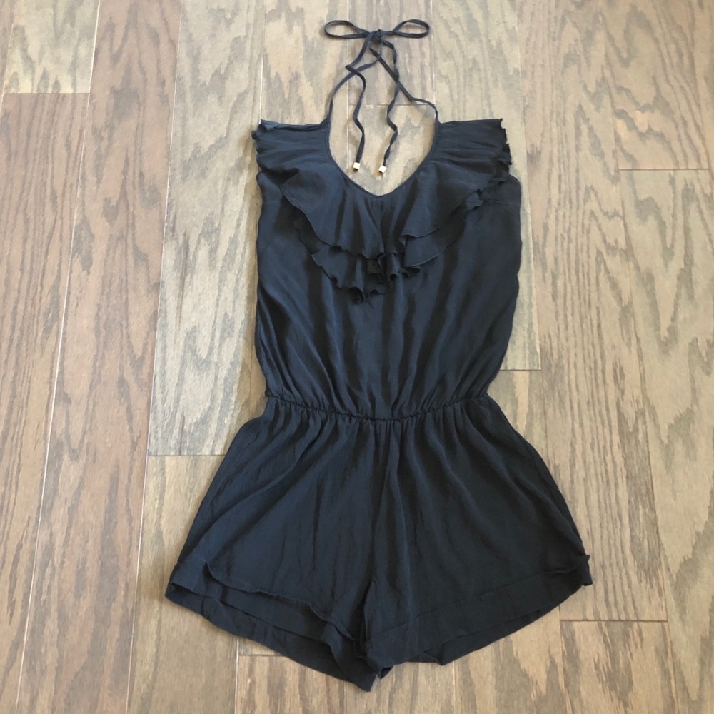 Porter Black Silk Ruffle Tie Halter Neck Romper